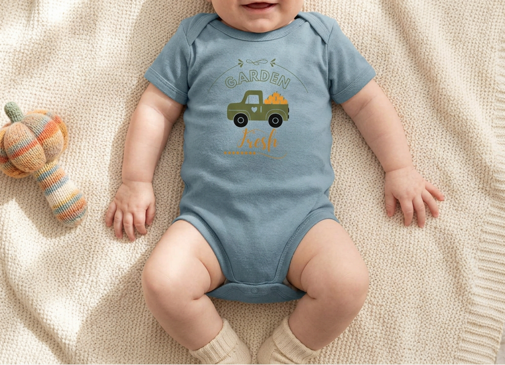 Baby wearing a Vintage Indigo Garden Fresh onesie beside a fabric rattle on a cream blanket.