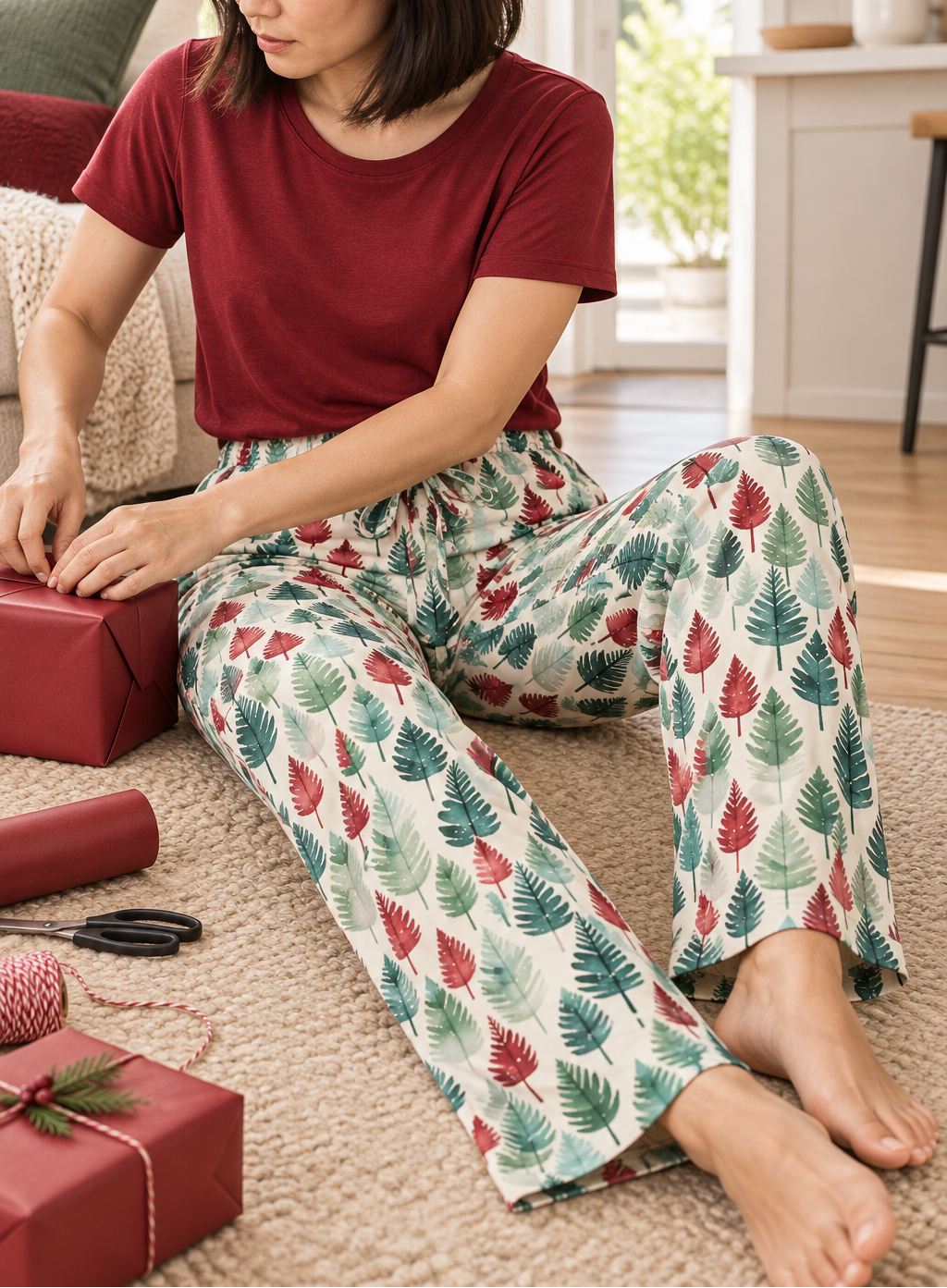 Leafy Dreams women's pajama pants wrapping presents on the floor