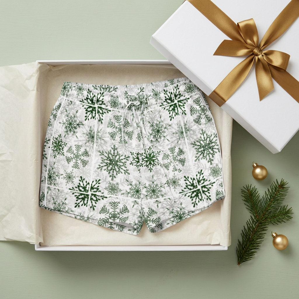Green Snowflake women's pajama shorts with white trim in a white gift box with a gold bow