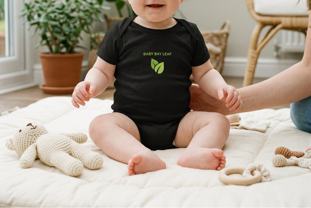 Black Baby Bay Leaf organic cotton baby onesie conservatory lifestyle image