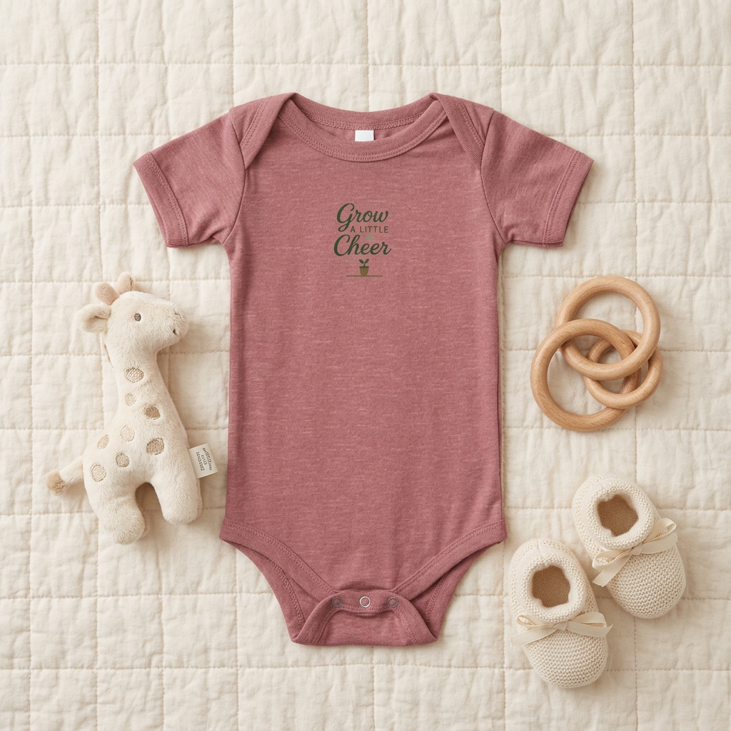 Heather Mauve Grow a Little Cheer baby onesie accessory flat lay