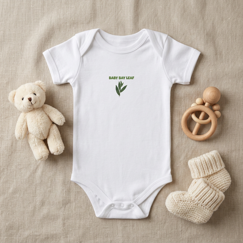 White Baby Bay Leaf onesie styled as a flat lay with baby accessories.