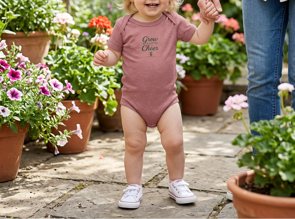 Heather Mauve Grow a Little Cheer baby onesie toddler lifestyle image