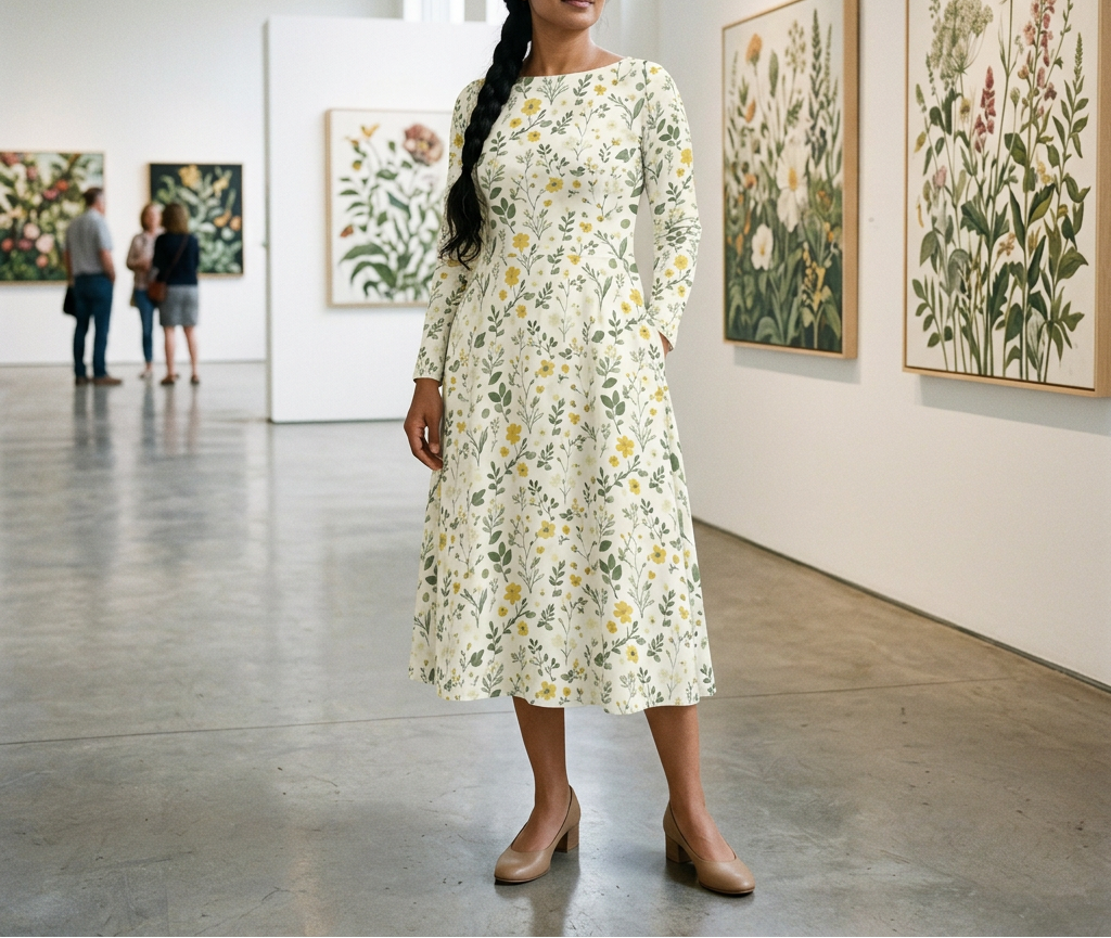 White Floral Long Sleeve Midi Dress lifestyle image 5