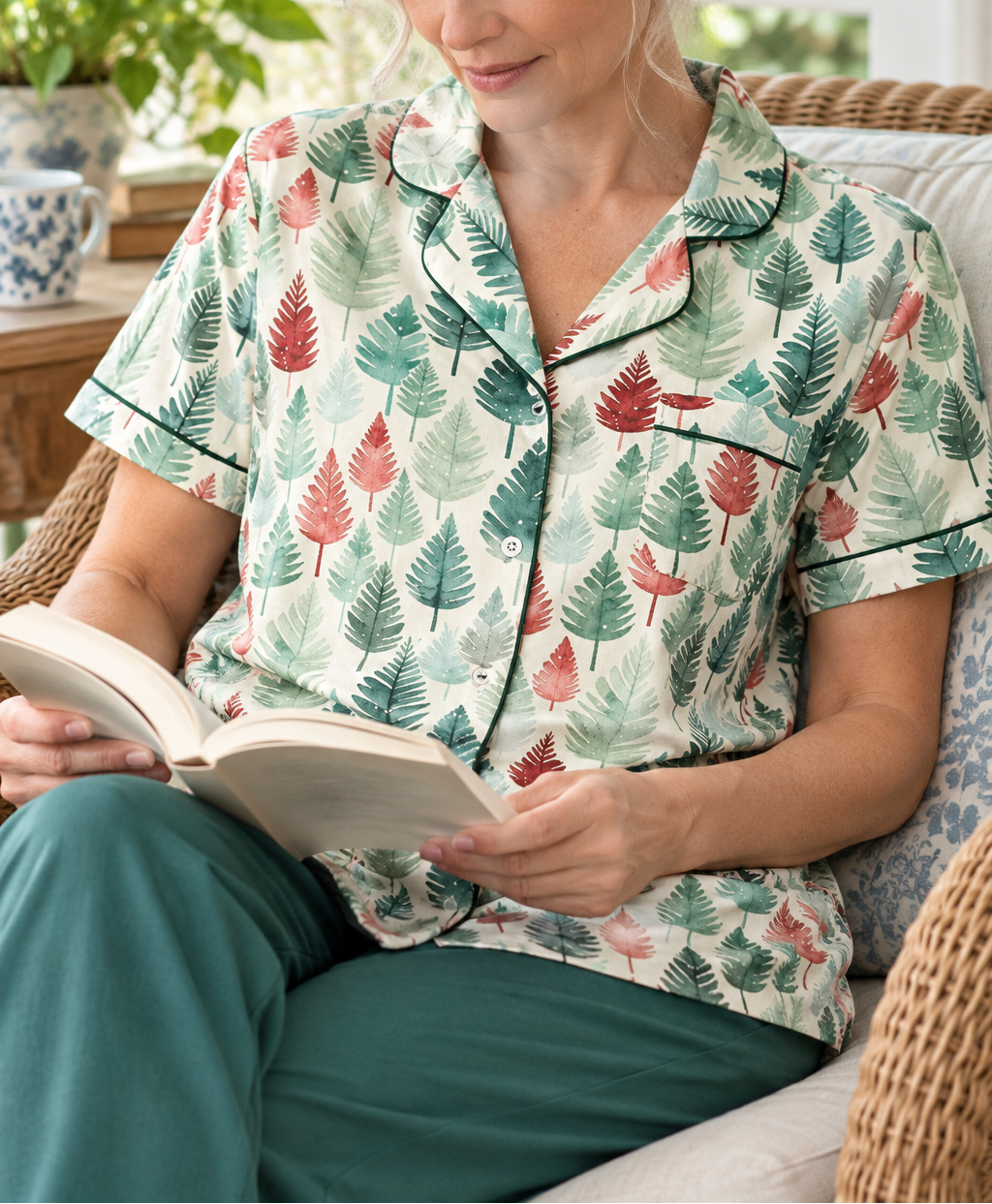 Leafy Dreams women's short sleeve pajama top while reading in a sunroom