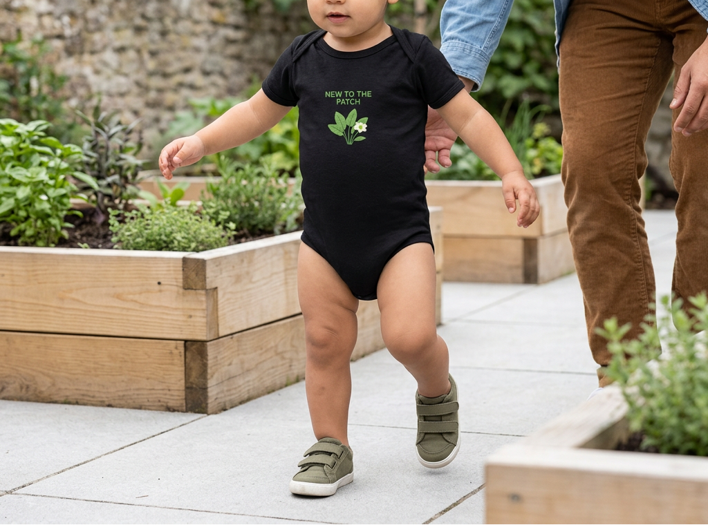 Black New to the Patch organic cotton baby onesie garden lifestyle image