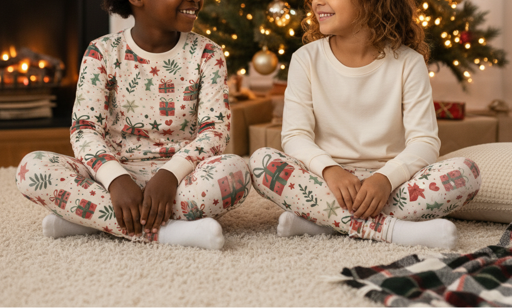 Two children with different skin tones wearing Christmas present leggings in a cozy indoor Christmas scene