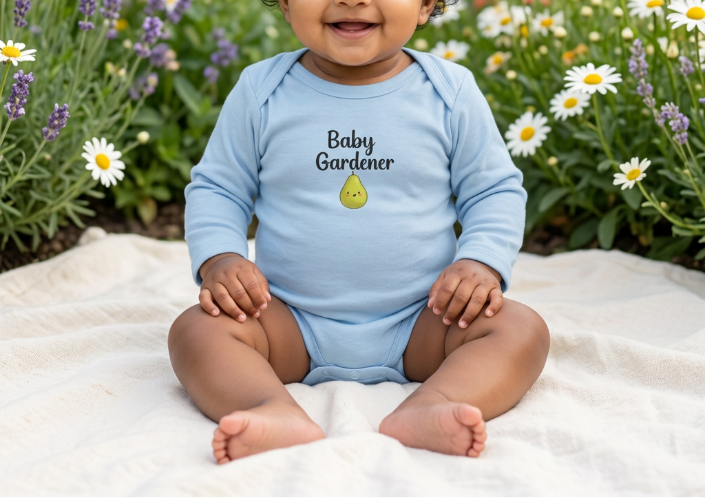 A smiling baby sits barefoot on a white blanket in a flower garden, wearing a light blue long-sleeve bodysuit with the words 'Baby Gardener' and a small pear graphic on the chest.