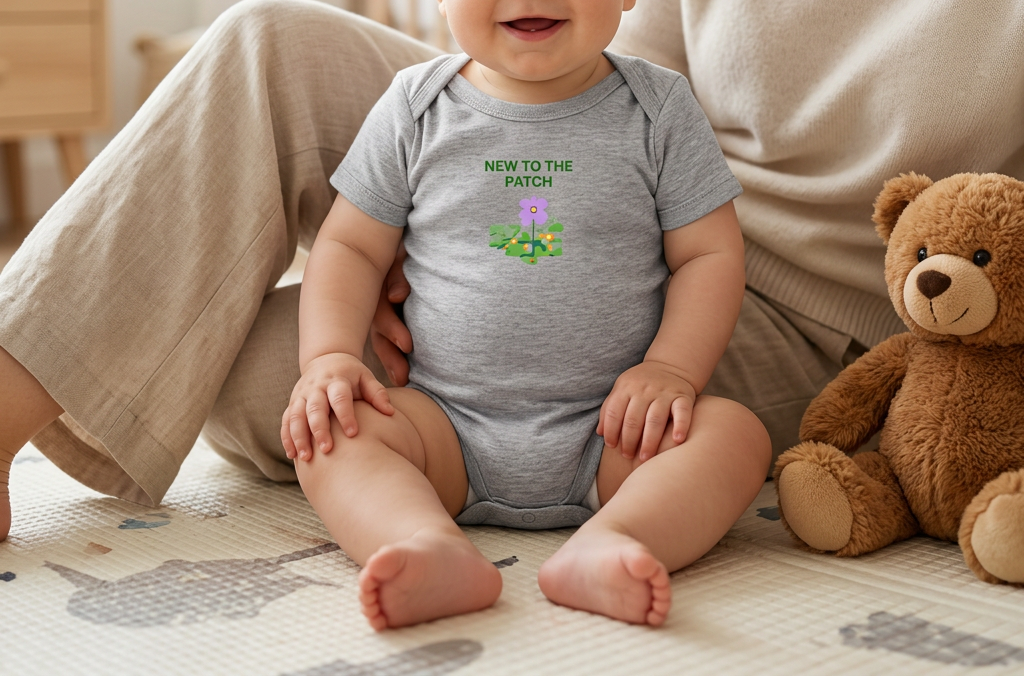 Baby wearing gray New to the Patch flower onesie in a nursery.