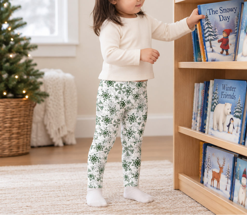 Toddler wearing Green Snowflake kids leggings while choosing a winter storybook