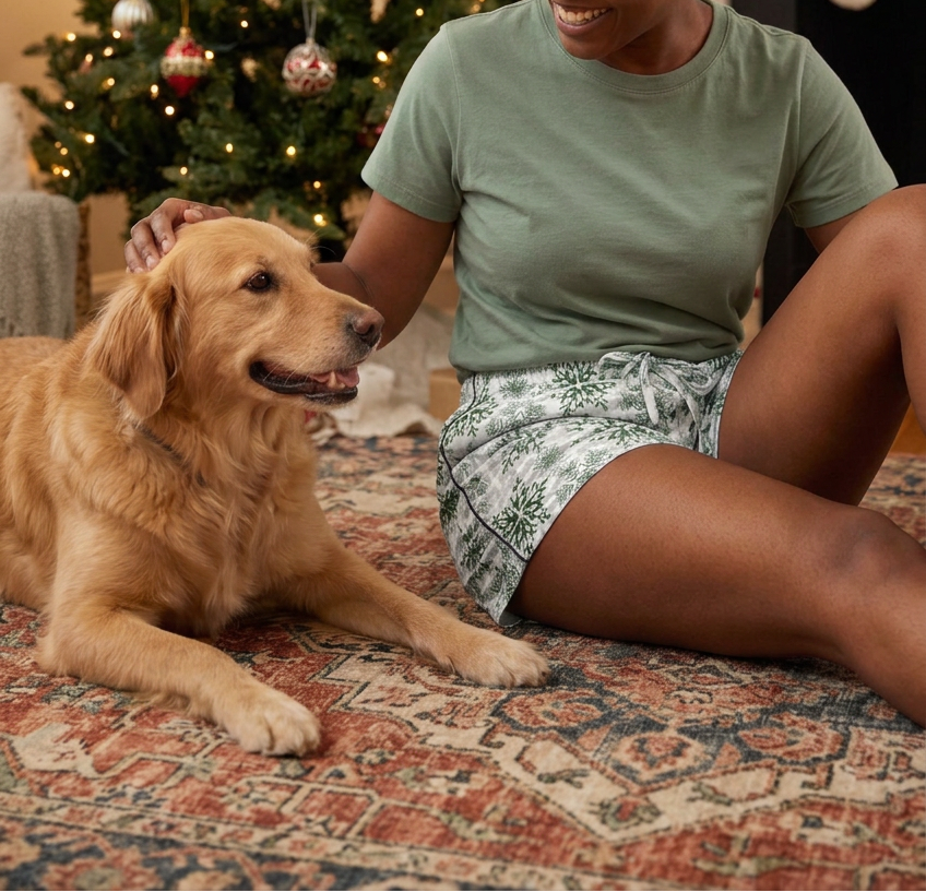 Green Snowflake women's pajama shorts worn while petting a dog