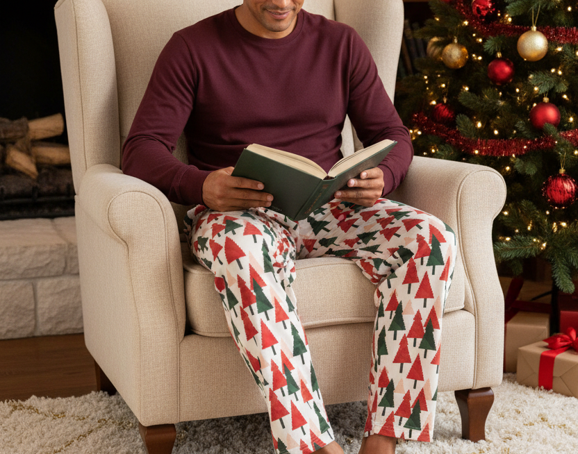 Unique Hispanic man wearing Christmas Tree men’s pajama pants with a burgundy shirt in a holiday reading corner