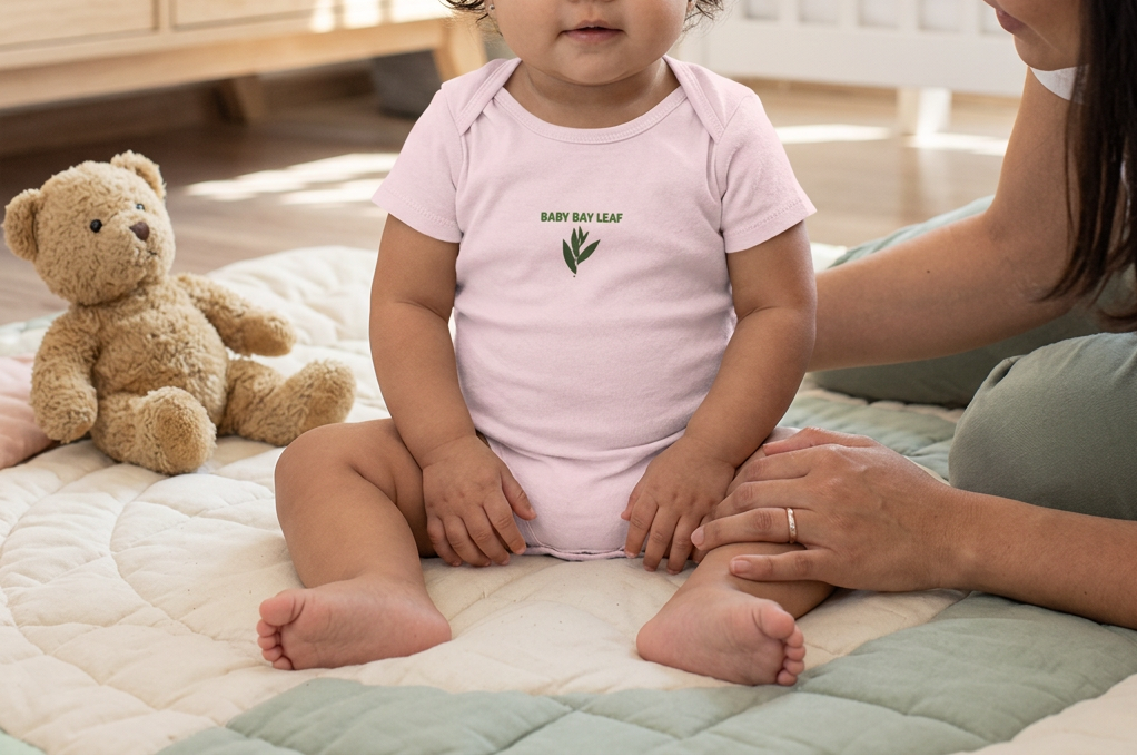 Baby modeling the pale pink Baby Bay Leaf onesie.