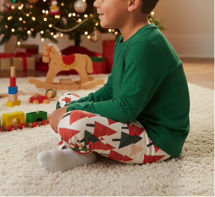 Latino child wearing Christmas tree leggings with a green top in a Christmas family room