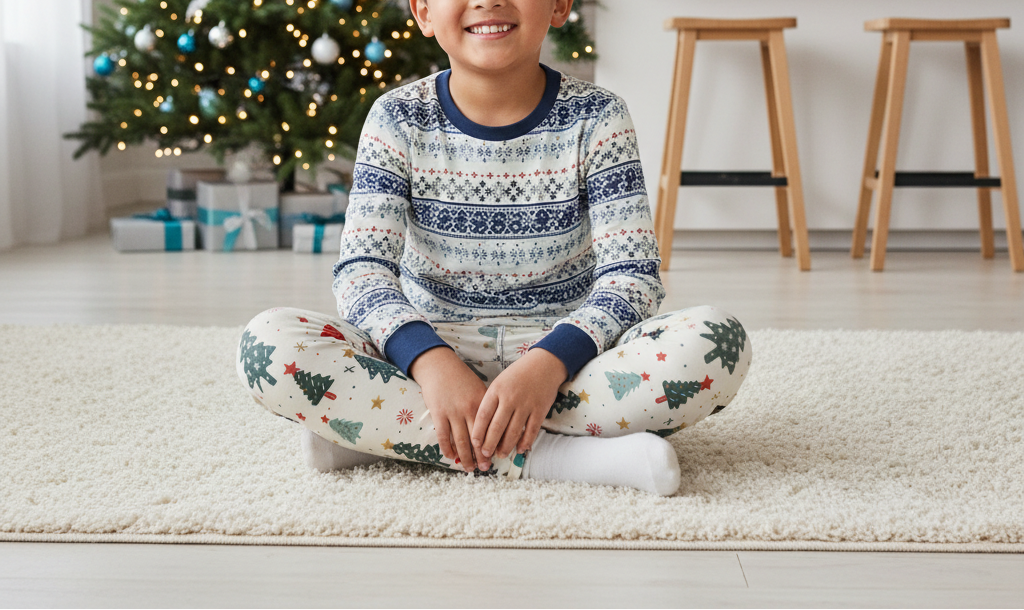 Southeast Asian child wearing blue Christmas leggings with a matching printed top in a holiday family room