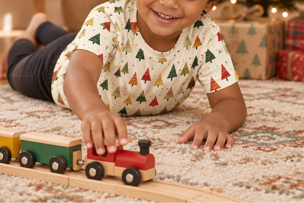 Child wearing Spring Christmas kids pajama top while playing with a toy train under the tree