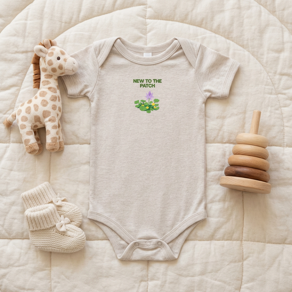 Light neutral New to the Patch flower baby onesie styled with baby accessories.