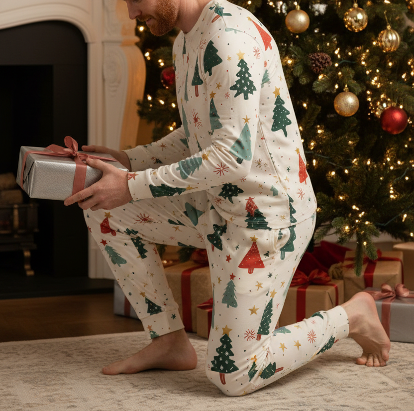 Red-haired man wearing Blue Christmas all-over print pajamas while placing a wrapped gift under the tree