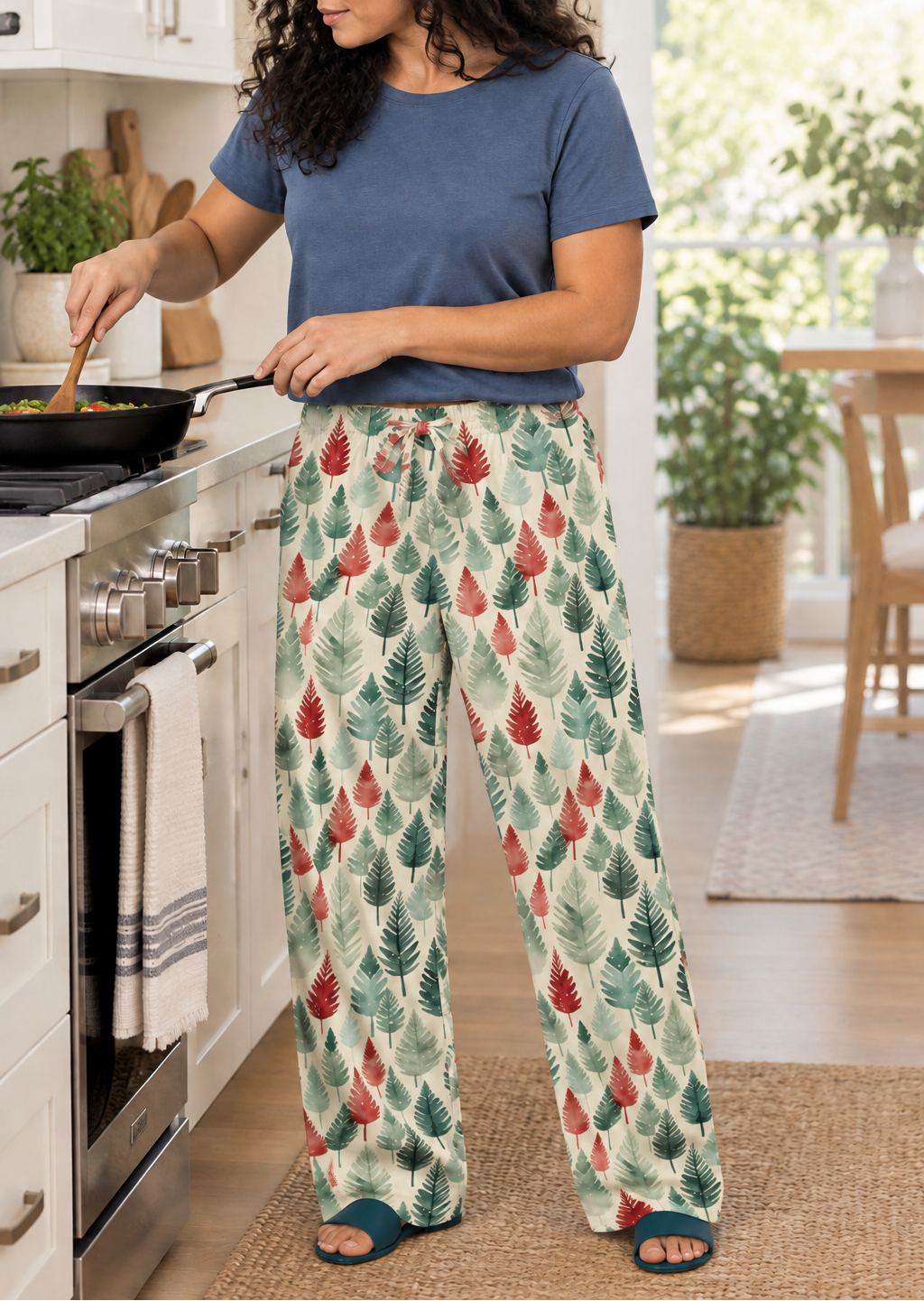 Kitchen cooking scene with teal indoor sandals