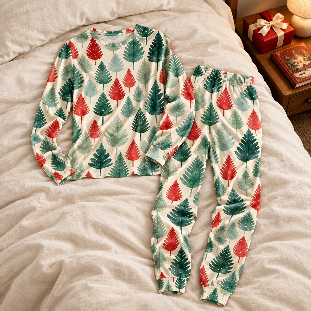 Leafy Dream pajama set draped on a bed beside a wrapped Christmas present