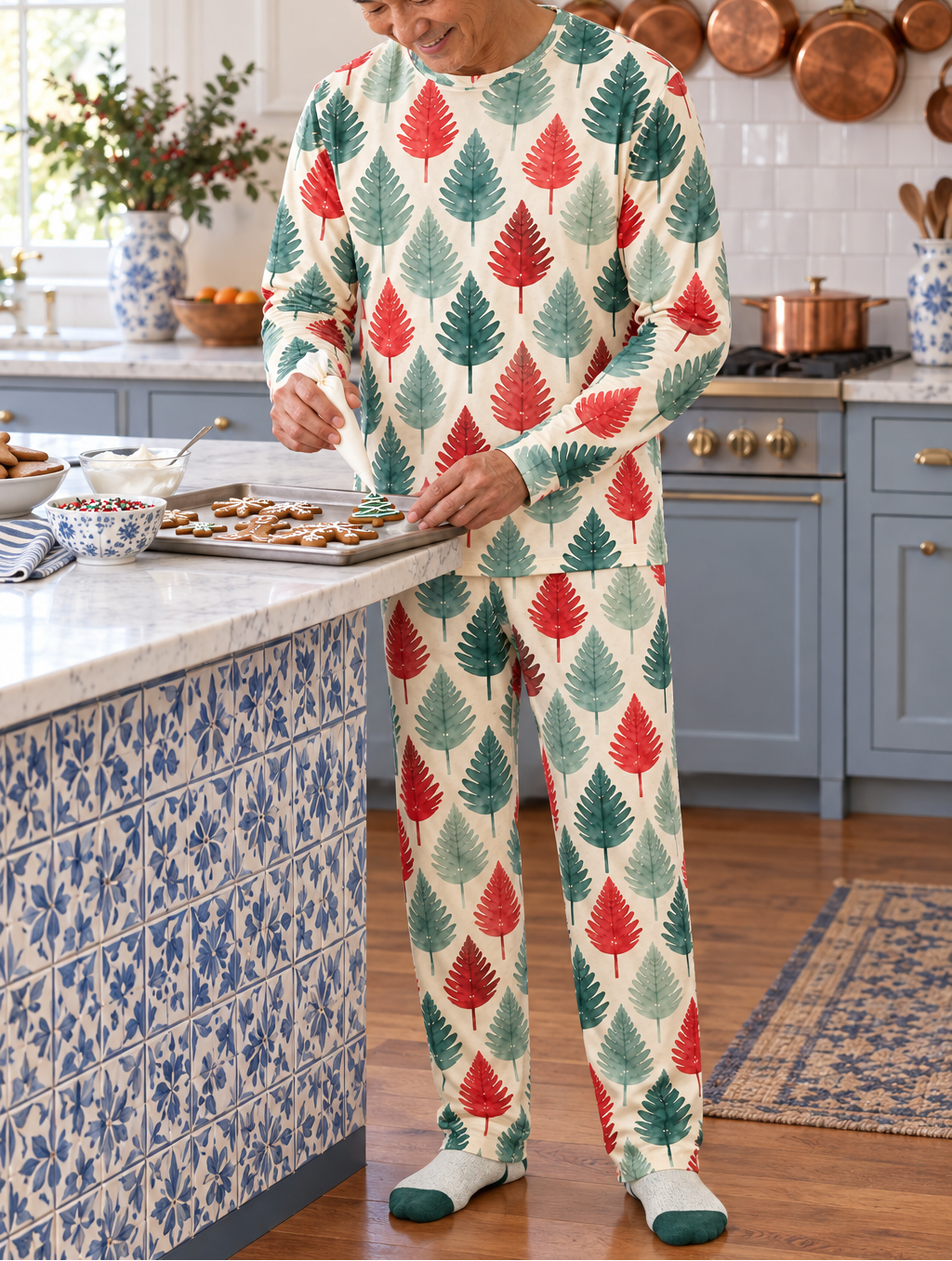 Leafy Dream pajamas while decorating gingerbread in a tiled kitchen