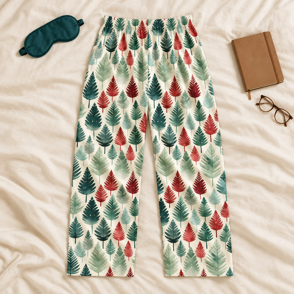 Leafy Dreams men’s pajama pants with a teal sleep mask and journal