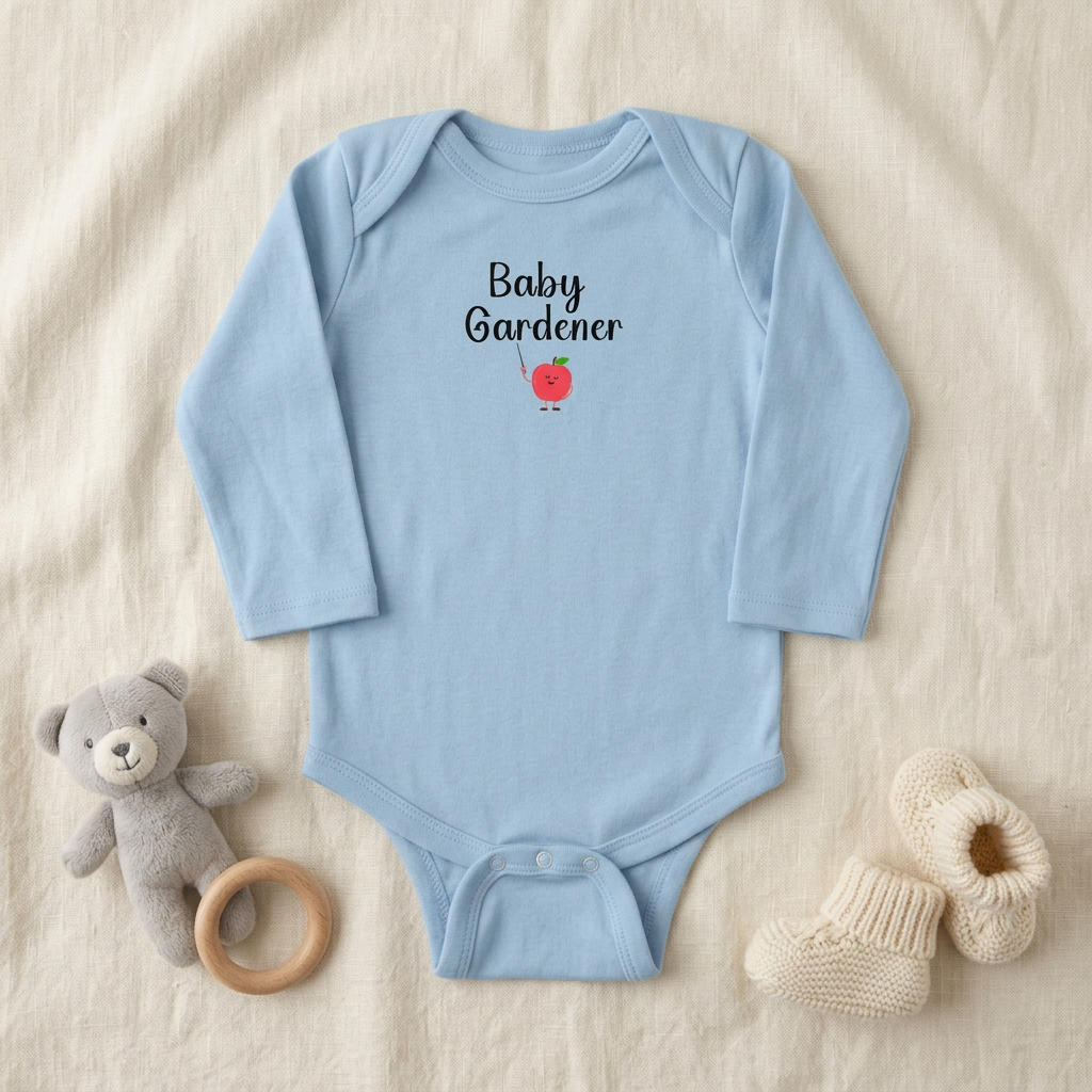 Light blue Baby Gardener Apple Onesie flat lay