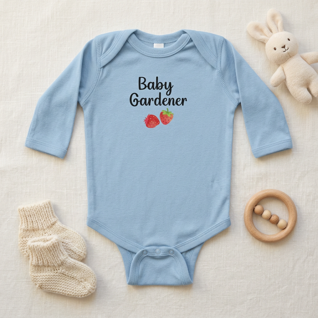 Light blue Raspberry onesie styled flat lay