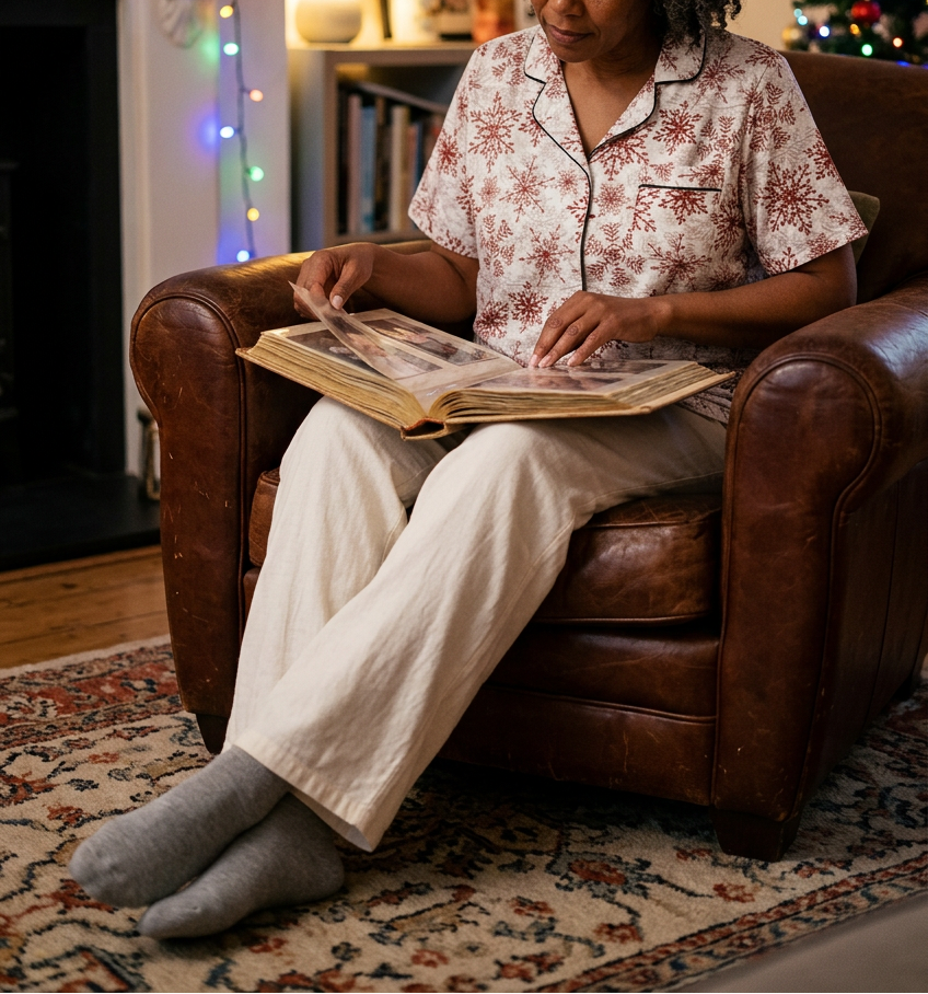 Looking through photos with ivory pajama pants