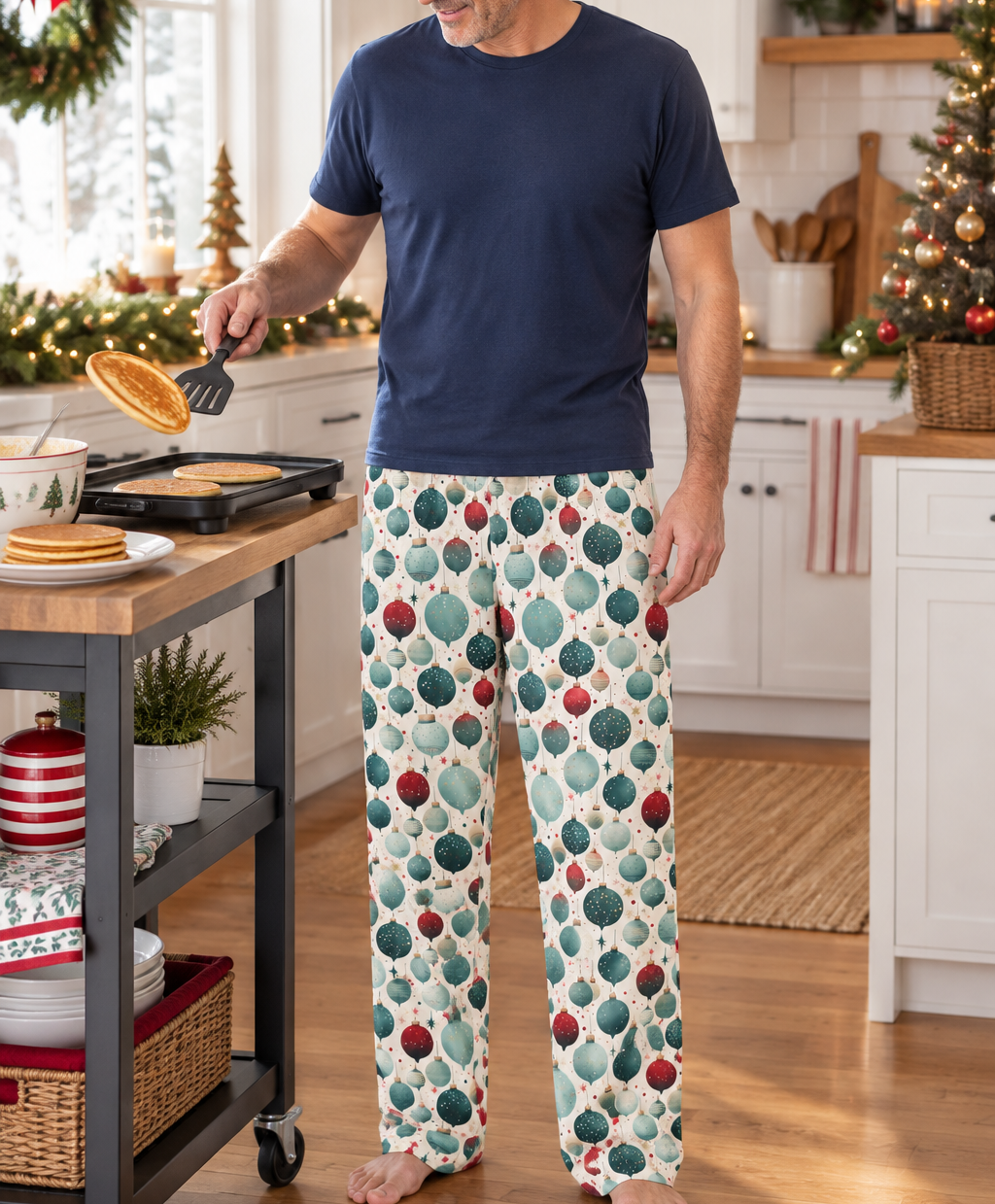 Man cooking pancakes in Holiday pajama pants
