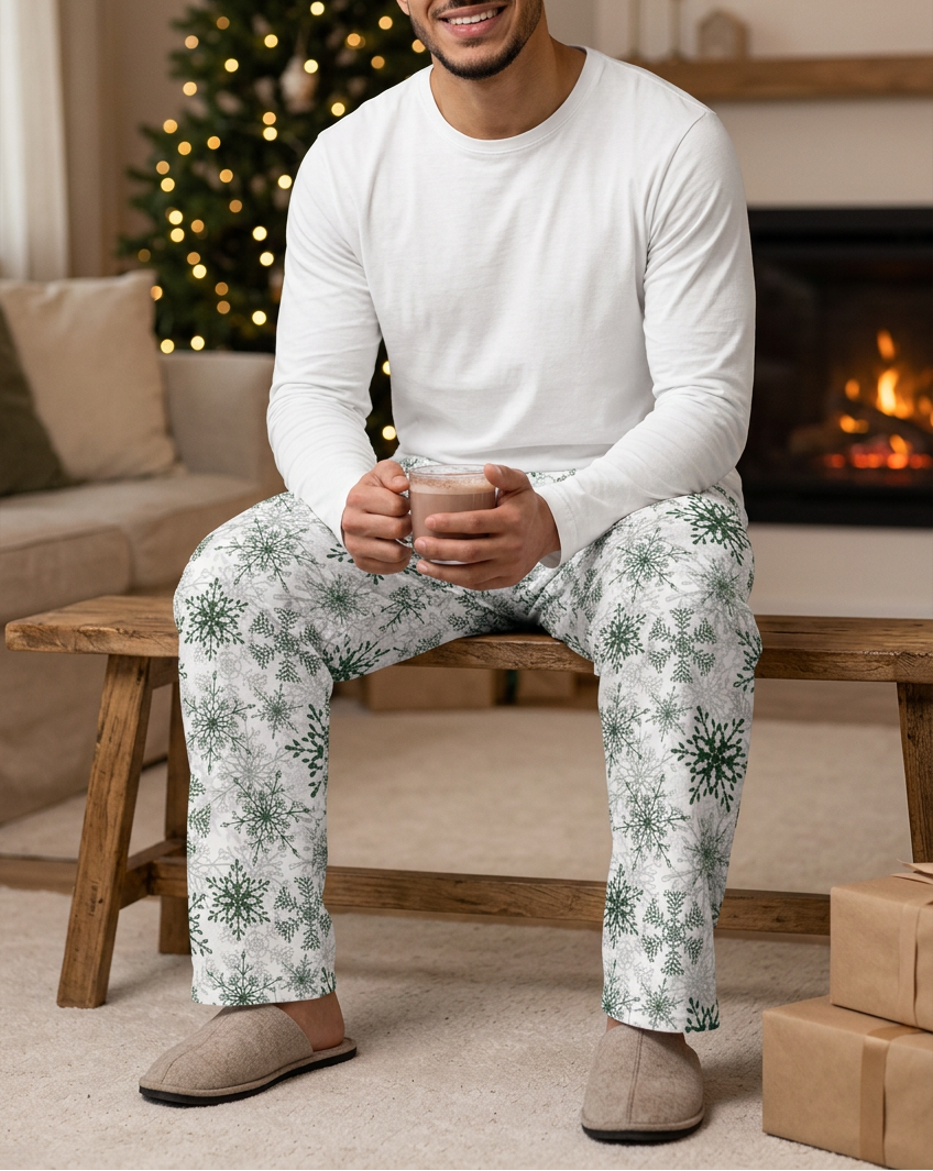 Man holding cocoa in Green Snowflake pants and a white shirt