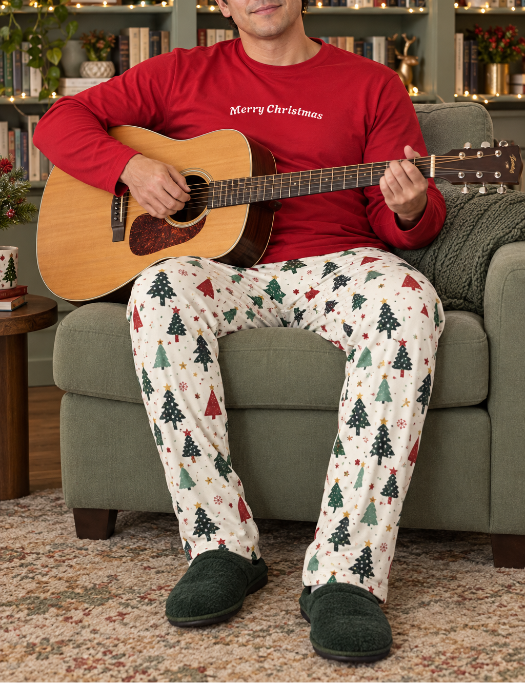 Man in red tee and tree pants playing guitar in a home library