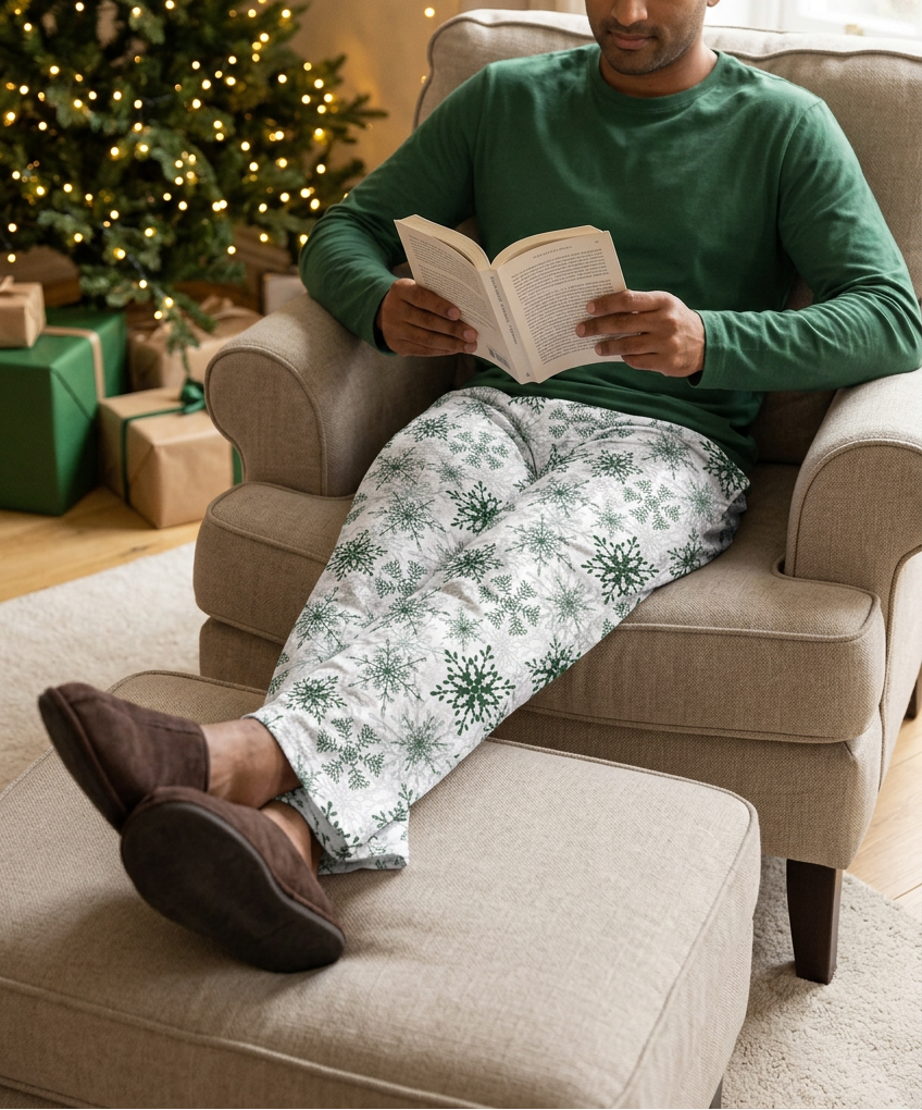 Man reading in Green Snowflake pants and a green shirt