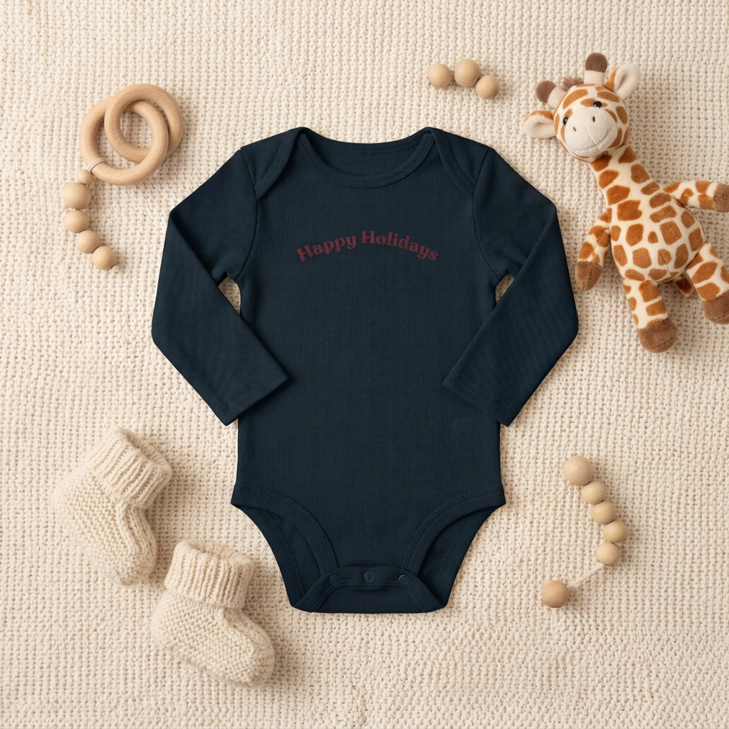 Navy Happy Holidays onesie with stuffed giraffe and teething toy