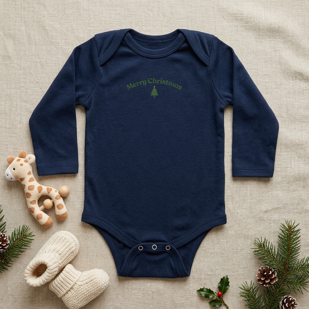 Navy Merry Christmas Festive Onesie with baby accessories