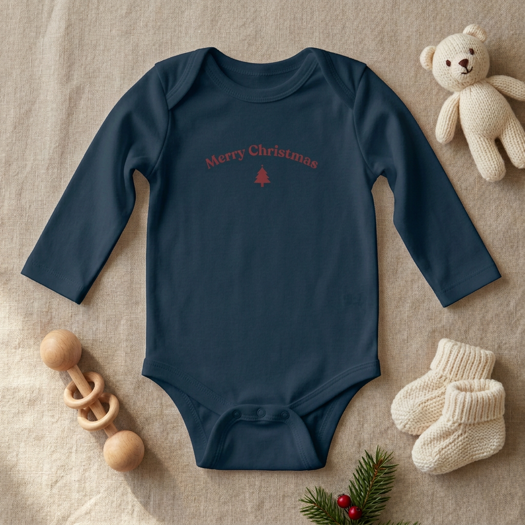 Navy Merry Christmas onesie with baby accessories