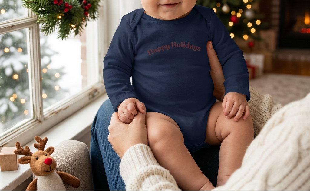 New baby girl in Navy, festive window setting