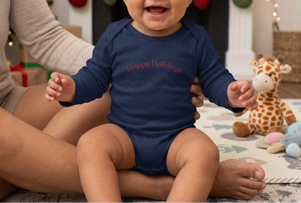 New baby girl in Navy, holiday playtime setting