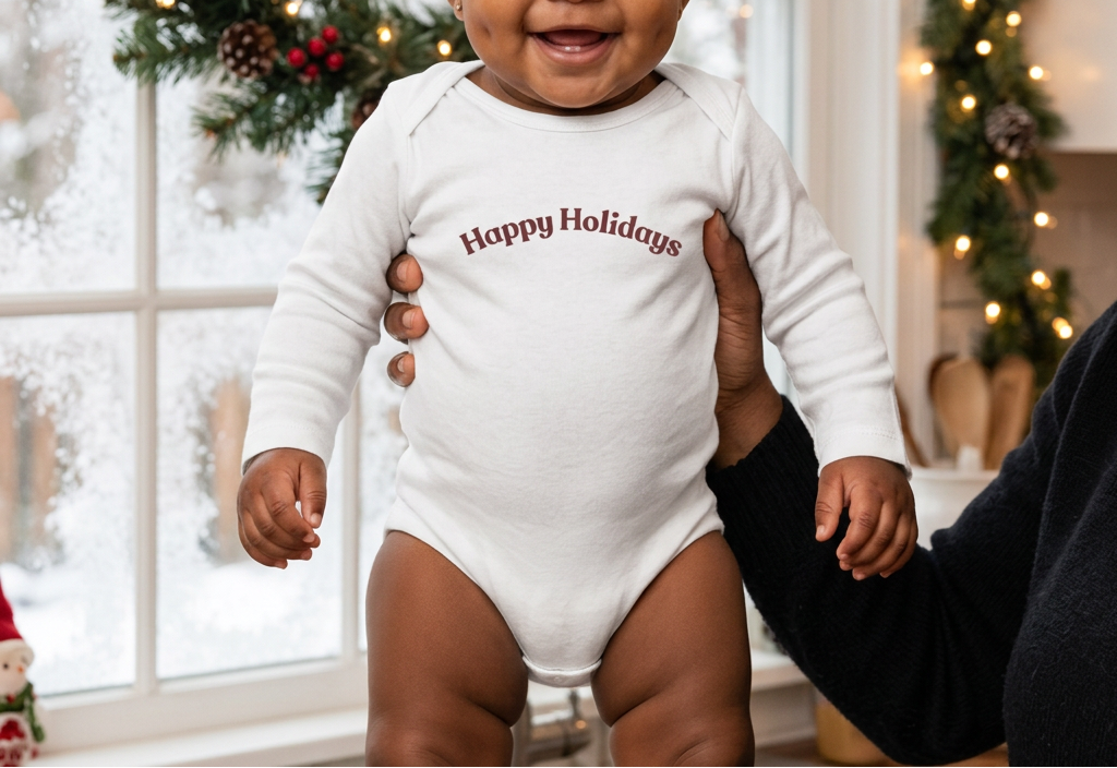 New baby girl in White, festive kitchen setting