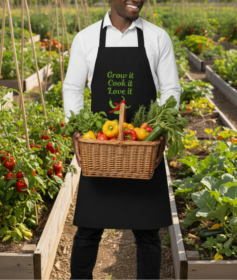 A man wearing a black apron with green text that reads 'Grow it Cook it Love it' holds a wicker basket filled with fresh vegetables in a sunny garden.