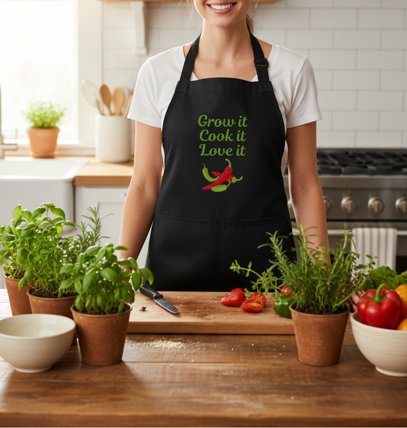 A woman wearing a black kitchen apron with green text reading 'Grow it Cook it Love it' and a chili pepper graphic, standing in a bright kitchen behind a wooden counter with fresh herbs and vegetables.