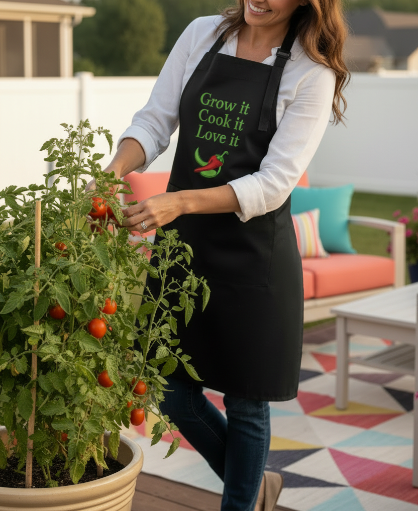 A woman wearing a black apron with green and red embroidered text and a chili pepper graphic is gardening next to a potted tomato plant on a patio.