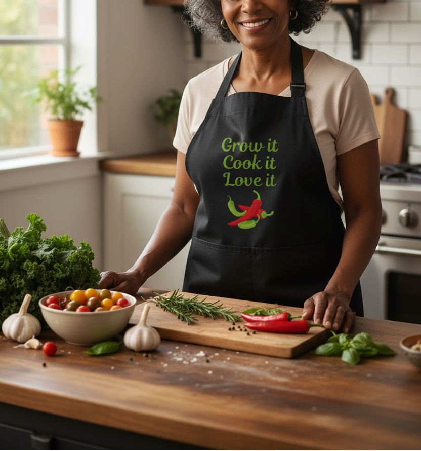 A smiling woman stands in a bright kitchen wearing a black apron with the phrase 'Grow it Cook it Love it' in green text and a red and green chili pepper graphic. She is positioned behind a wooden countertop filled with fresh vegetables, garlic, basil, and a cutting board.