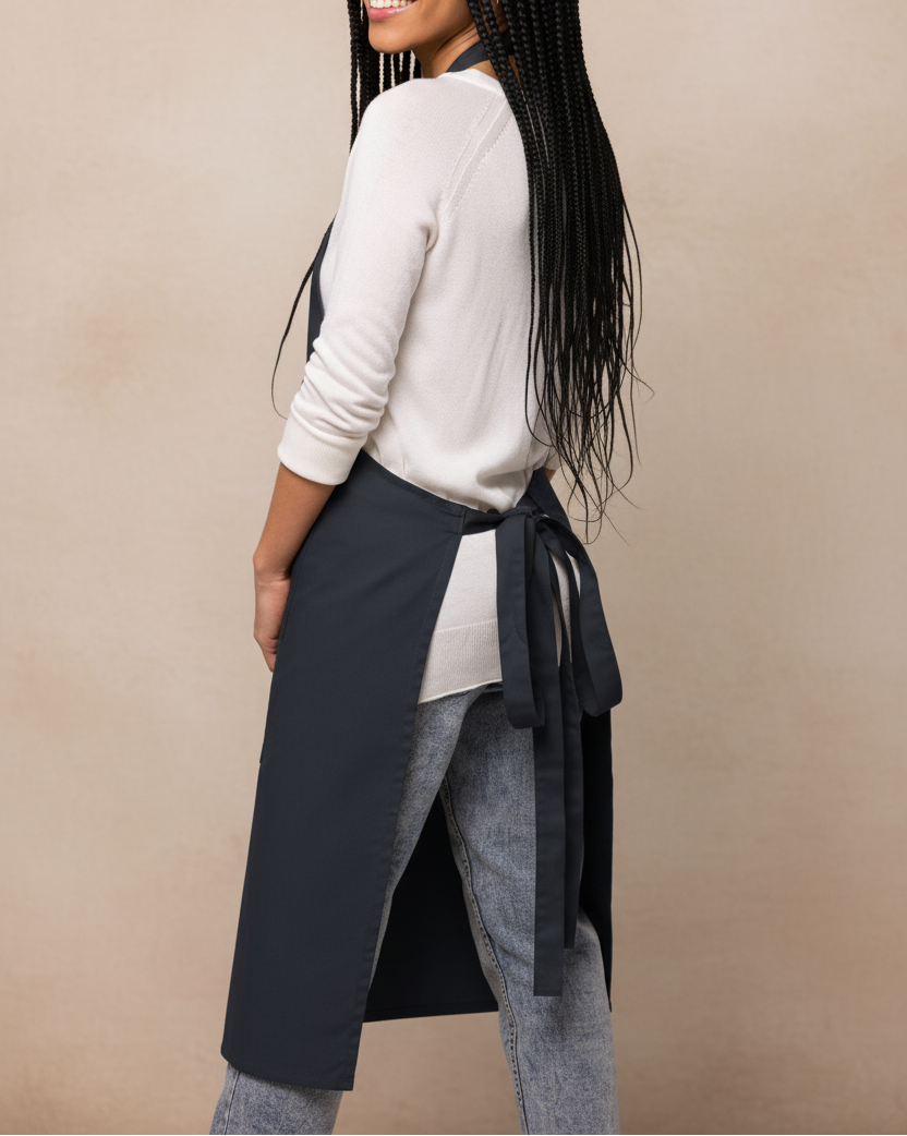 A woman wearing a dark gray kitchen apron over a white long-sleeve top and gray jeans, shown from a side-back angle against a plain beige studio background.