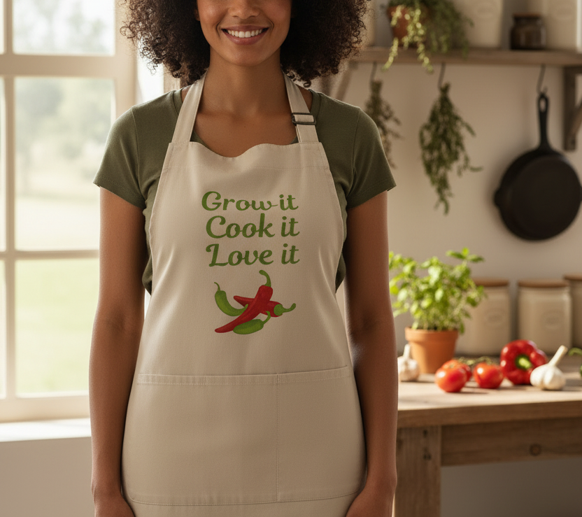 A woman wearing a beige apron with green text reading 'Grow it Cook it Love it' and a red and green chili pepper graphic, standing in a bright kitchen.