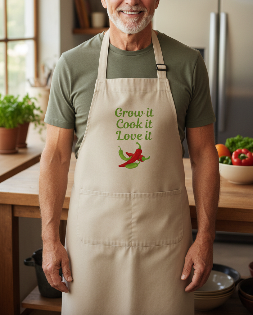 A smiling older man wearing a beige apron over an olive green t-shirt in a warm kitchen setting. The apron features the printed text 'Grow it Cook it Love it' in green, with a graphic of a red chili pepper and green leaves.
