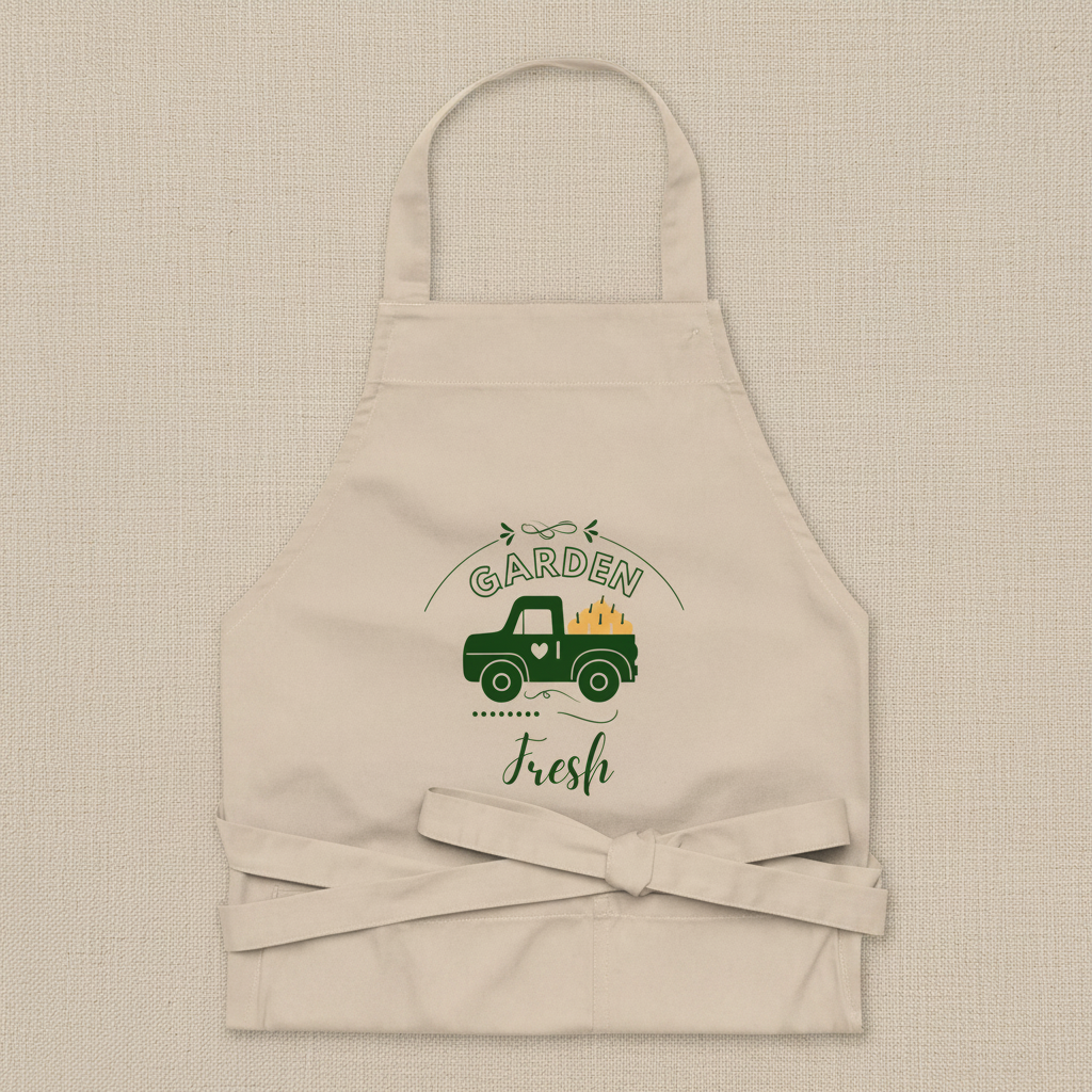 A beige fabric apron with a neck loop and waist tie, featuring a green graphic of a vintage pickup truck carrying a garden hose, with the words 'GARDEN Fresh' printed on the front.