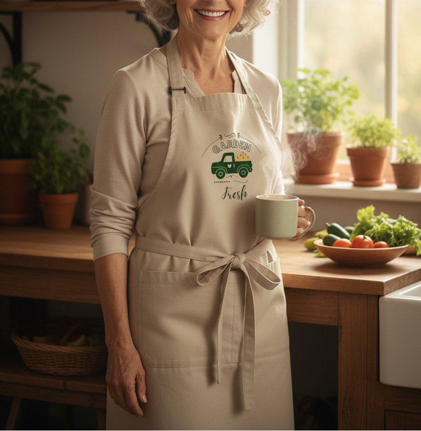 A smiling woman in a kitchen wearing a beige apron with a green vintage truck graphic and the words 'Fresh Garden'. She is holding a light green mug, with plants and vegetables visible in the background.