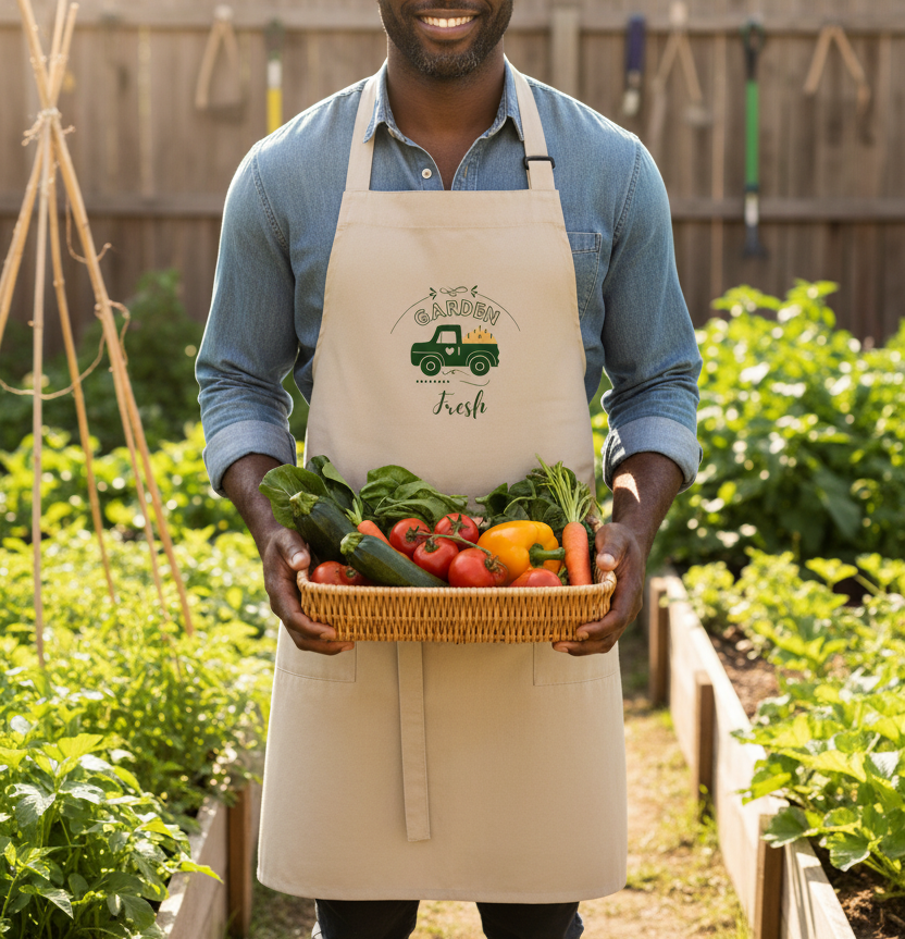 A smiling man wearing a blue shirt and a beige apron stands in a garden holding a basket of fresh vegetables. The apron has a green graphic that reads 'GARDEN Fresh'.