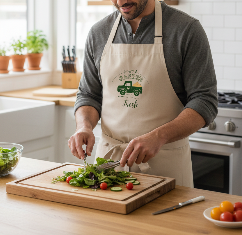 A man in a kitchen wearing a beige apron with a green truck graphic and the words 'Fresh from the Farm.' He is slicing a salad on a wooden cutting board.
